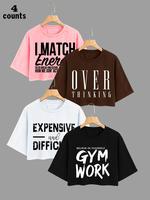 Women's Letter Print Round Neck Crop Tee, Casual Drop Shoulder Short Sleeve T-shirt for Summer, Ladies Clothes for Daily Wear...