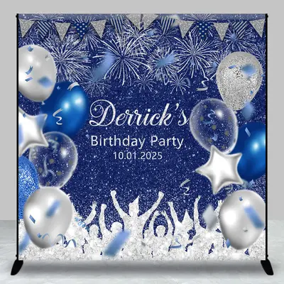 Navy Blue Silver Balloon Custom Birthday Backdrop - Aperturee