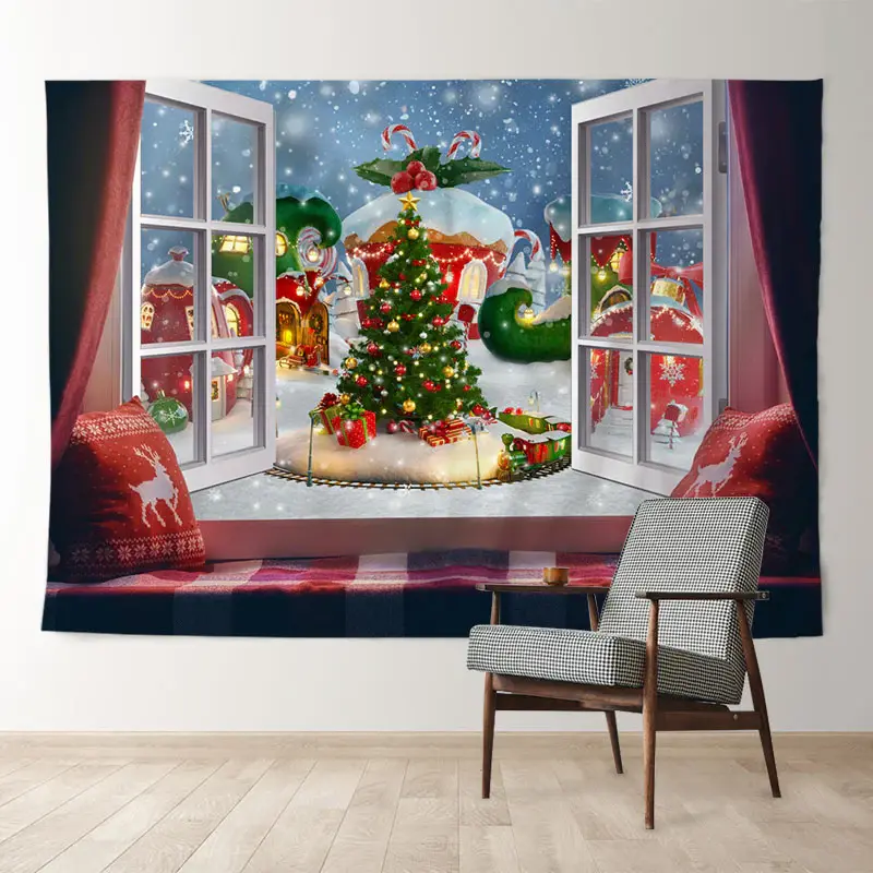 Aperturee Snowy Cabin Candy Out Window Christmas Backdrop