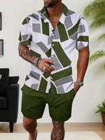 Men's Geometric Print Shirt & Shorts Two-piece Set, Regular Fit Casual Shortsleeve Collared Top & Shorts, Men's Summer Clothe...