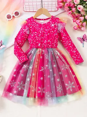 Girl's All Over Star Print Contrast Mesh Ruffle Trim Dress, Cute Long Sleeve Round Neck Fit & Flare Dress for Party Holiday, ...