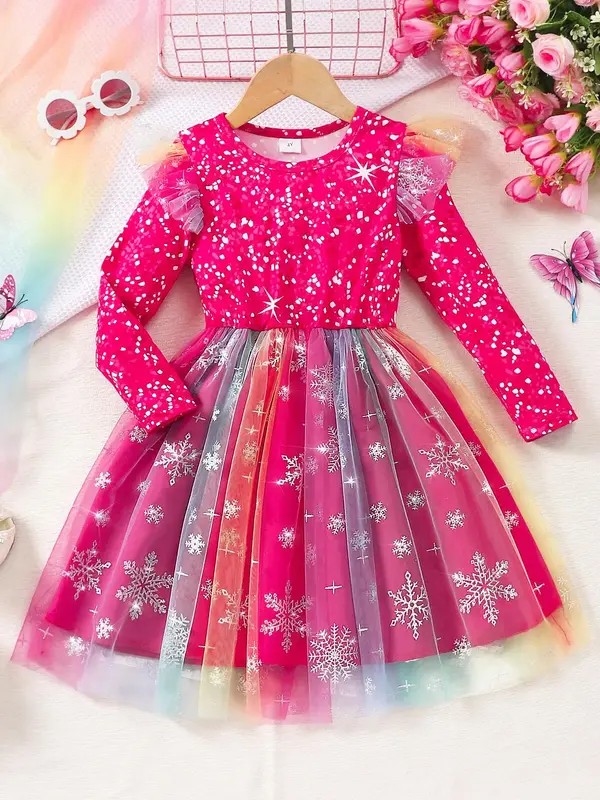 Girl's All Over Star Print Contrast Mesh Ruffle Trim Dress, Cute Long Sleeve Round Neck Fit & Flare Dress for Party Holiday, ...