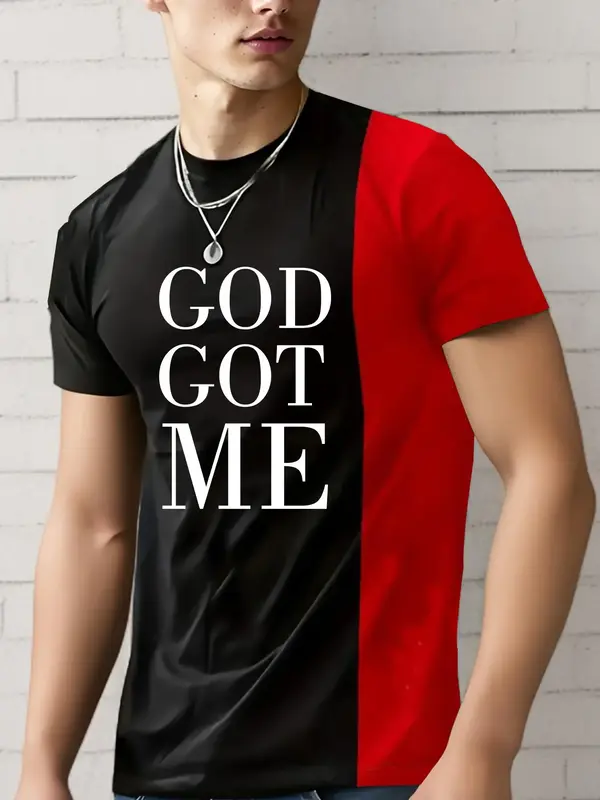 Men's Letter Print Round Neck Tee, Summer Clothes Colorblock Short Sleeve T-Shirt, Casual Regular Fit Crew Neck Tee Top for S...