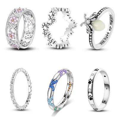 MULA Nature and Animal Theme Ring | 925 Silver Paw Print, Floral and Butterfly Design | Colorful Zirconia Accents | Perfect G...