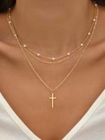 2pcs/set Women's Elegant Cross Pendant Necklace, Stainless Steel Chain Necklace, Faux Pearls Decor Layered Necklace, Fashion ...