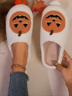 Women's Pumpkin Pattern Plush Slippers, Casual Soft Comfortable Home Slippers for Fall & Winter Gifts, Fluffy Fall & Winter ...