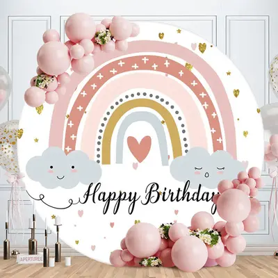 Aperturee Cloud Rainbow Round Happy Birthday Backdrop For Party