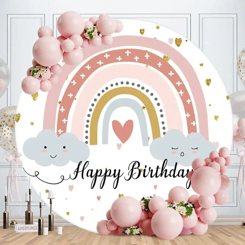 Aperturee Cloud Rainbow Round Happy Birthday Backdrop For Party
