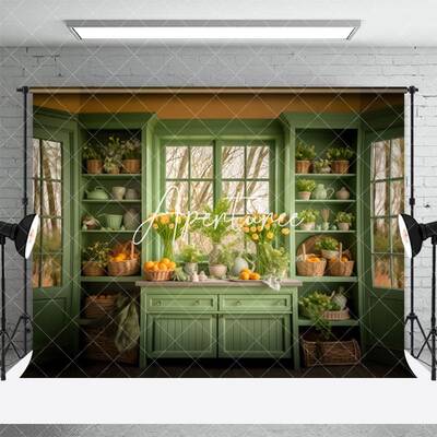 Green Shelf Yellow Egg Floral Window Easter Backdrop - Aperturee