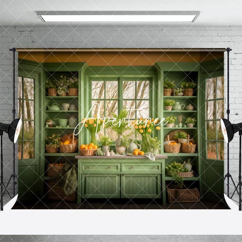Green Shelf Yellow Egg Floral Window Easter Backdrop - Aperturee