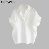 UOOZEE Women's Batwing Sleeves Loose Solid Color Lapel Collar Blouses & Shirts Tops - Slightly Sheer and Non - Elastic