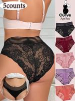 【Plus Size】 Plain Contrast Lace Knicker, Women's Plus Size Basic Natural Waist Panties Set, Plus Lady Underwear for All S...