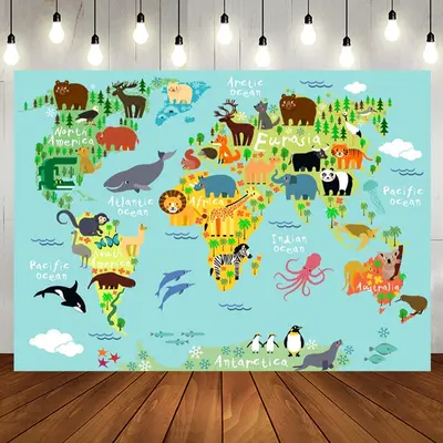 Safari Wild Animals World Map Baby Shower Backdrop - Aperturee