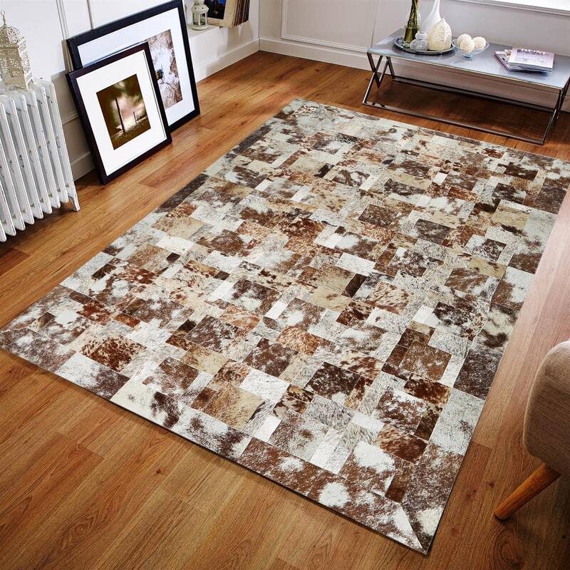 Brown and Beige Cowhide Patchwork Rug