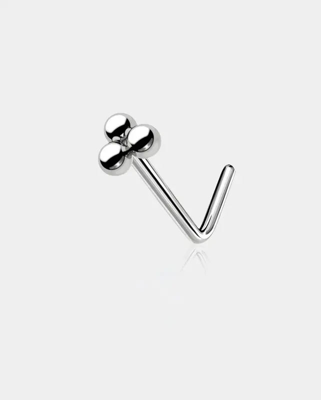 Three Ball Beaded L-Shaped Nose Stud - Silver