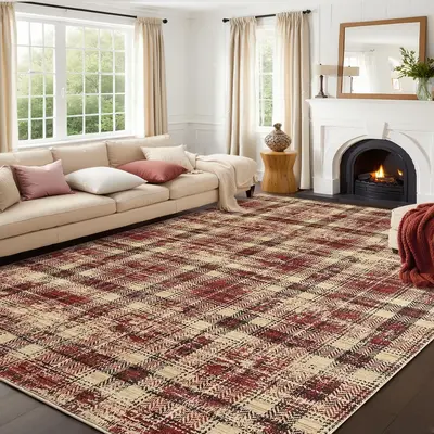 Garvee 5x7 Area Rug Washable Living Room Rugs - Modern Plaid Soft Low Pile Non-Slip Throw Rug Red