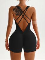 Women's Solid U Neck Cross Back Sports Romper, for Yoga Gym Workout, Ladies Sportswear for Indoor Outdoor Wear