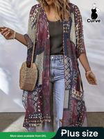 Plus Size Ethnic Pattern / Floral Print Asymmetrical Hem Kimono Cardigan, Boho Fashion Half Sleeve Open Front Outerwear for S...