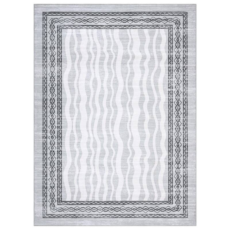 Garvee 5x7 Area Rug Modern Bordered Print, Stain Resistant, Machine Washable, Faux Wool, Non-Slip TPR Backing, Low Pile, Livi...