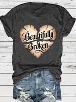 【Plus Size】 Broken Heart & Letter Print Round Neck Tee, Fashion Casual Crew Neck Short Sleeve T-shirt for Daily Outdoor W...