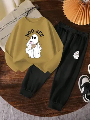 Girls' Ghost Pattern Long Sleeve T-Shirt & Casual Sweatpants Set, Spring & Fall Fashion, Comfortable Fitted Design, Perfect G...