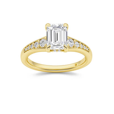 Bloom Tapered Pavé Set Hidden Halo Emerald Cut Lab Grown Diamond Engagement Ring | 10K Yellow Gold 3 1/2 CT. TW.