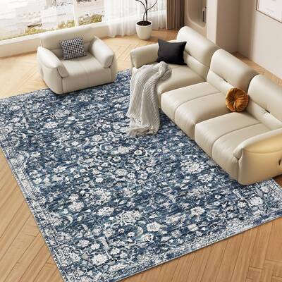 Garvee Washable Rugs 8x10 Rug Distressed Vintage for Living Room Bedroom Oriental Floral Office Rug Low Pile Neutral Soft Nur...