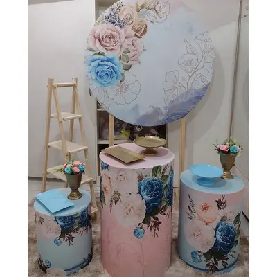 Aperturee Pink Floral And Bear Round Girls Birthday Backdrop Kit | Circle Party Backdrop | Round Backdrop Fabric Cover | Circ...