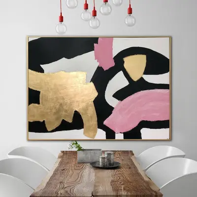 Large Abstract Colorful Paintings On Canvas In Pink, Gold, Black And White Colors Original Gold Leaf 30x40 Textured Artwork |...