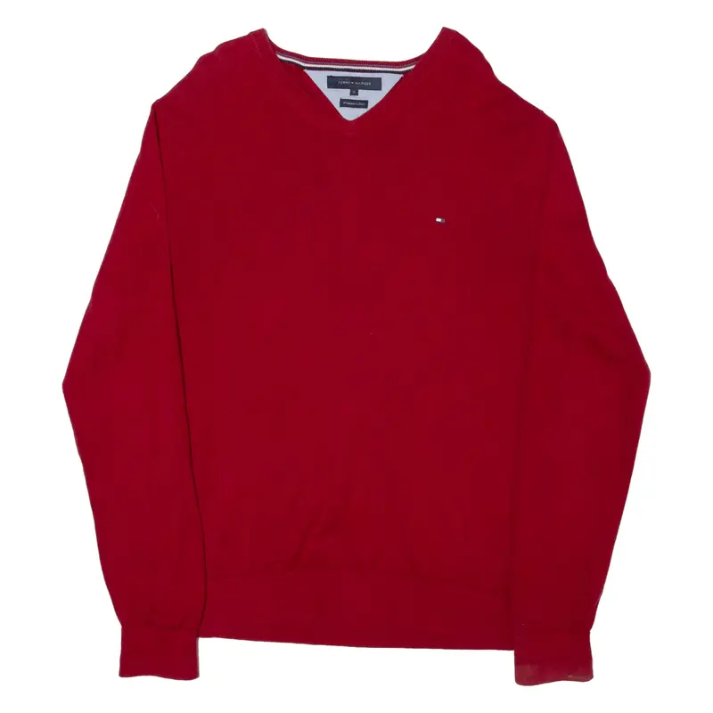 TOMMY HILFIGER Womens Jumper Red V-Neck Tight Knit XL
