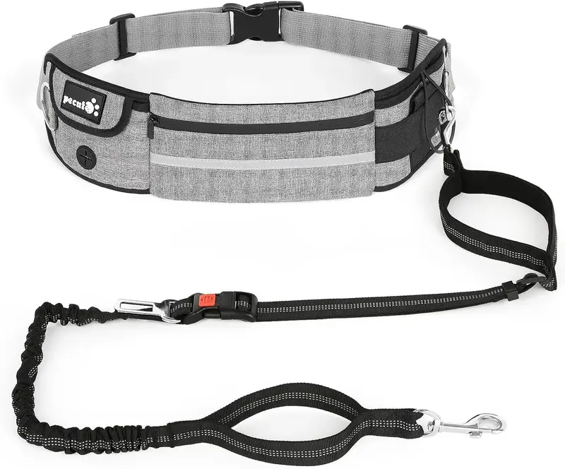 Pecute Hands Free Dog Leash with Pouch, Waist Belt Fanny Pack with Soft padds, Dual Padded Handles Reflective Strip Harness S...