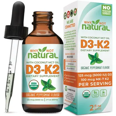 Organic Vitamin D3 Liquid Drops with K2 (MK-7) Sublingual Liquid (5000 IU) in Coconut M.C.T. Oil Adult Child Gluten Free GMO ...