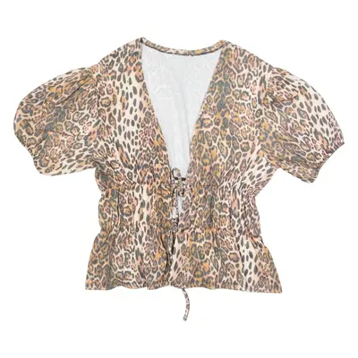 Womens Wrap Blouse Brown V-Neck Puff Sleeve Animal Print M