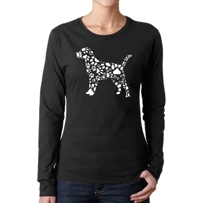 Dog Paw Prints - Women's Word Art Long Sleeve T-Shirt - Pink - Small