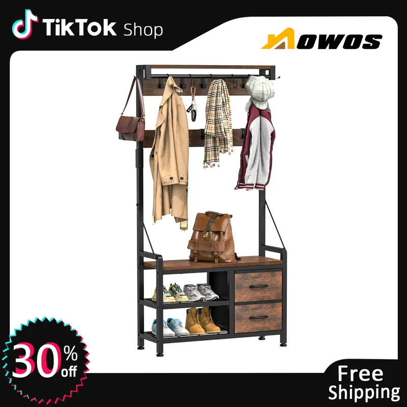 【FallDealsForYou】AOWOS Hall Tree, 31” Entryway Bench with Coat Rack freestanding, 5 In 1 Intelligent Design Shoe Bench ...