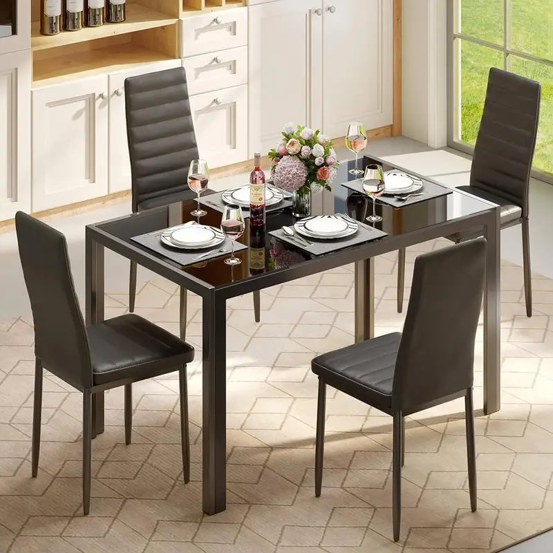 【2 Packages Shipping】Gizoon 5 Piece Glass Dining Table Set, Kitchen and Chairs for 4, PU Leather Modern Room Sets for Hom...