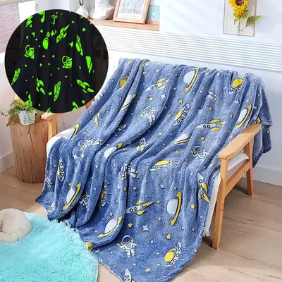 Astronaut Pattern Glow In The Dark Blanket, 1 Count Soft Comfort Skin-friendly Fluffy Plush Blanket For Bedroom, Sofa