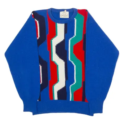 Vintage CLAN ROYAL Womens Patterned Jumper Blue Crazy Pattern Crew Neck 90s Tight Knit Wool UK 12