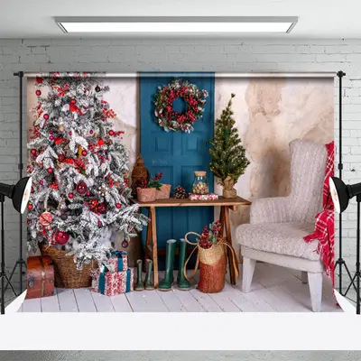 Wreath Blue Door Christmas Tree Photography Backdrop - Aperturee