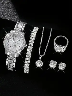 Elegant Quartz Watch & Rhinestone Decorated Ring, Earrings, Necklace & Bracelet, Exquisite Watch Set with Matching Luxury Jew...