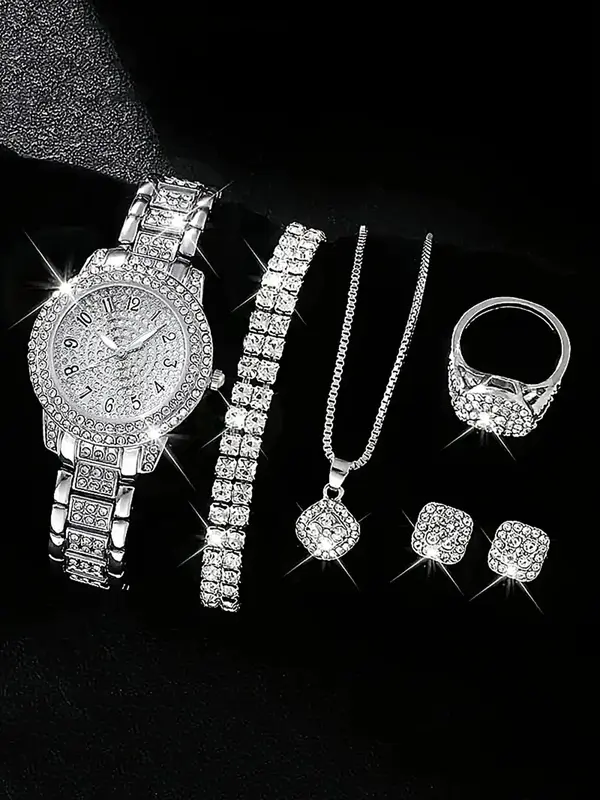 Elegant Quartz Watch & Rhinestone Decorated Ring, Earrings, Necklace & Bracelet, Exquisite Watch Set with Matching Luxury Jew...