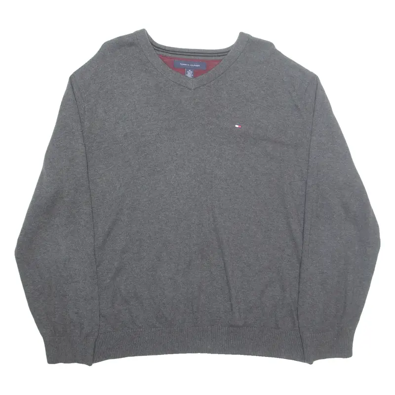TOMMY HILFIGER Mens Jumper Grey V-Neck Tight Knit XL