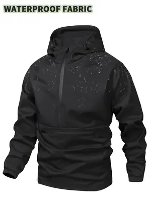Men's Solid Color Half Zip Pocket Hooded Jacket, Regular Fit Casual Long Sleeve Drawstring Waterproof Jacket for Fall & Win...
