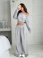Women's Solid Color Crop Sweatshirt & Wide Leg Pants Two-piece Set, Casual Fashion Cozy Breathable Two Piece Outfits for Dail...