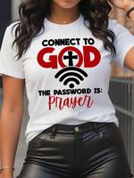 Women's Letter & Cross Print Round Neck Tee, Casual Short Sleeve Crew Neck T-shirt for Summer, Fashion Women's Top for Daily ...
