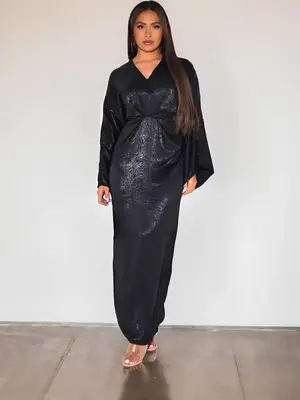 Women's Plain Ruched V Neck Arabian Dress, Modest Long Sleeve Long Dress for Summer, Women's Islamic Clothing for Daily Wear