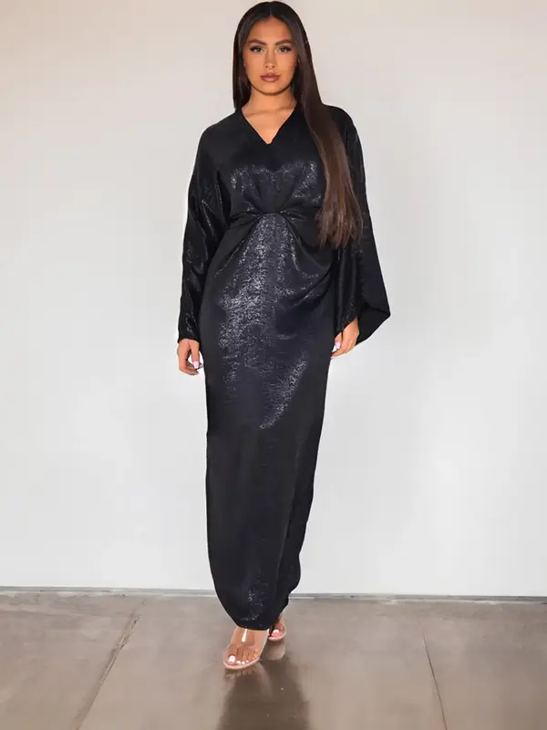 Women's Plain Ruched V Neck Arabian Dress, Modest Long Sleeve Long Dress for Summer, Women's Islamic Clothing for Daily Wear