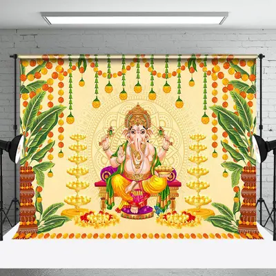 Gold Green Leaves Religious Ganesha Worship Backdrop