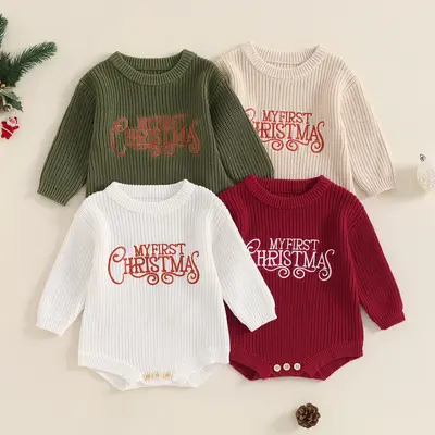 Meihuida My First Christmas Baby Girl Boy Outfit Embroidery Knit Sweater Long Sleeve Sweatshirt Romper Fall Winter Clothes