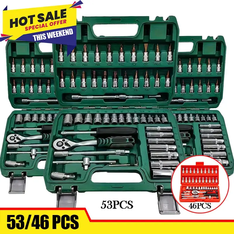 53&46 pcs tool set, car repair machinery tools, household machinery tools, car and bicycle repair tools, 1/2 * 1/4 3/8 dr...
